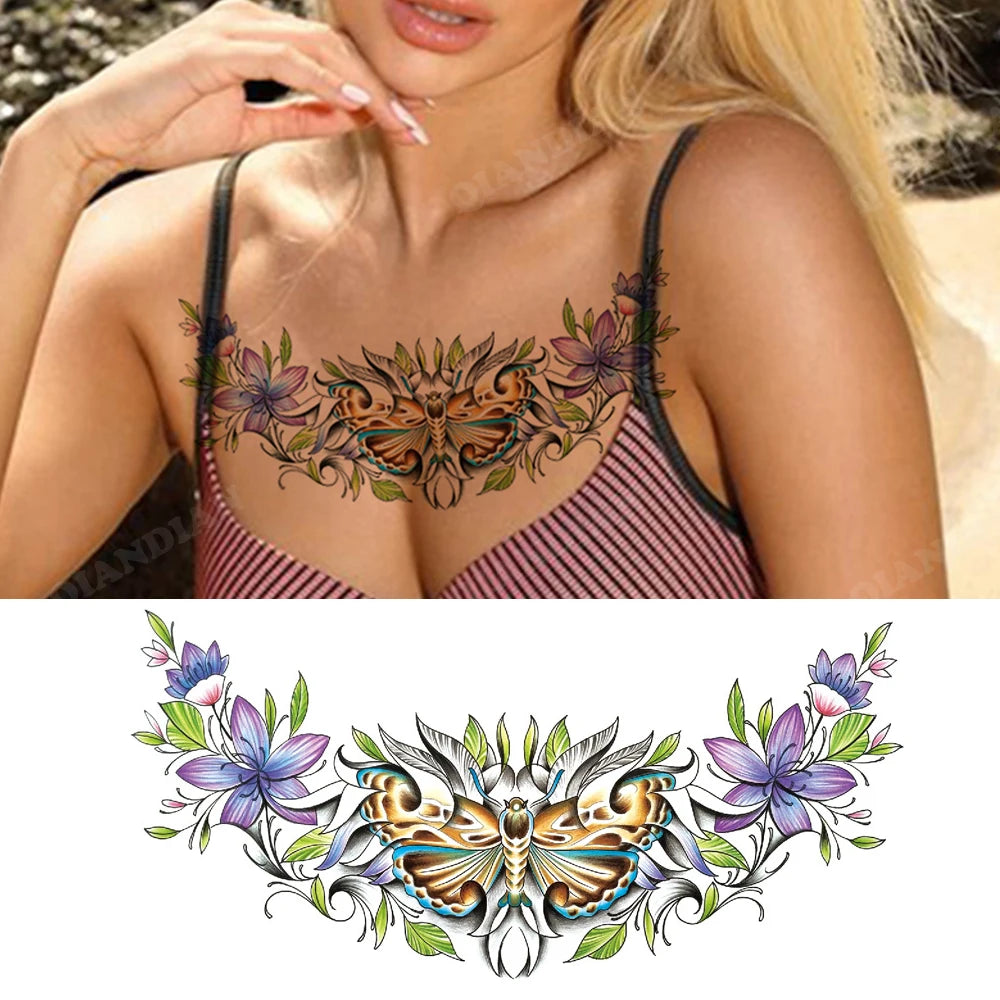 GlamInk Waterproof Flower & Butterfly Temporary Tattoos - Dazzling Chest & Waist Art for Confident Women