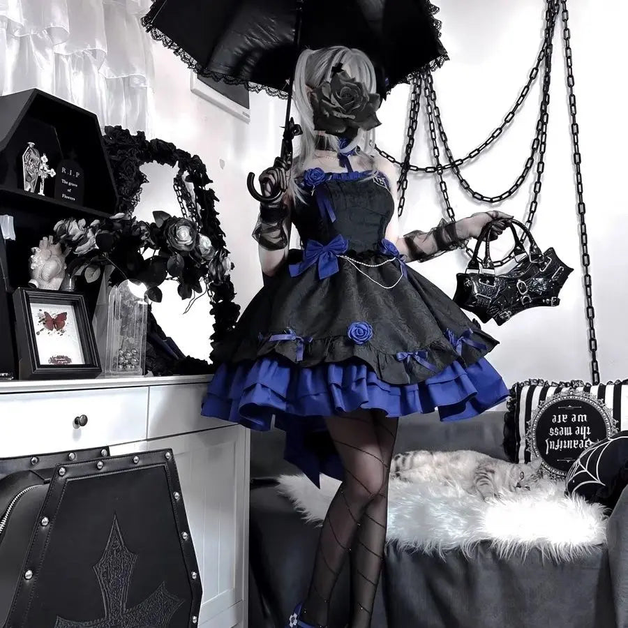 Gothic Lolita Summer Dress - High Waist Bow, Sweet Y2K Style Sling Robe for Women