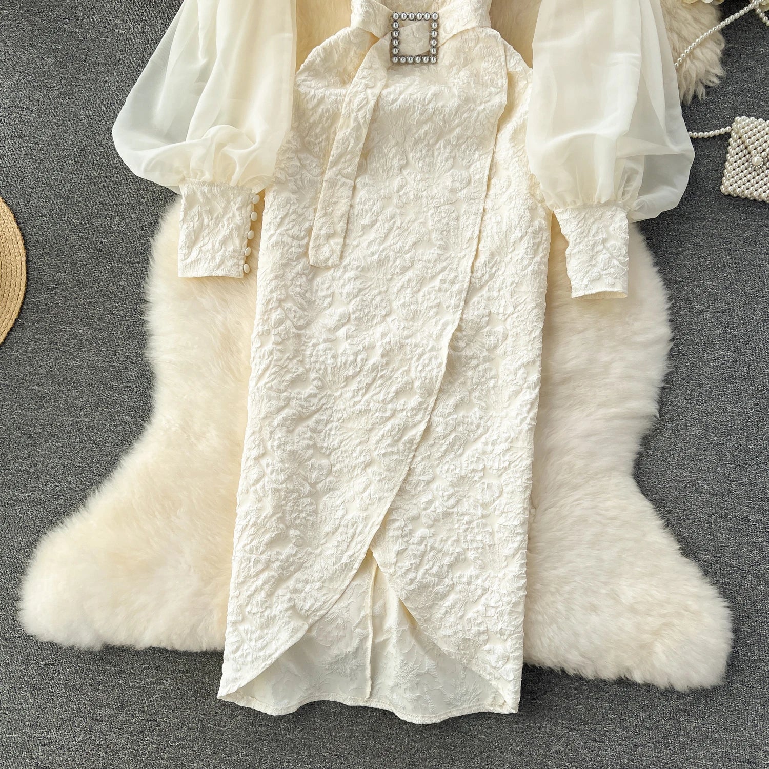 Vintage Chic Sequin Bishop Sleeve Off-Shoulder Slim Tube Dress