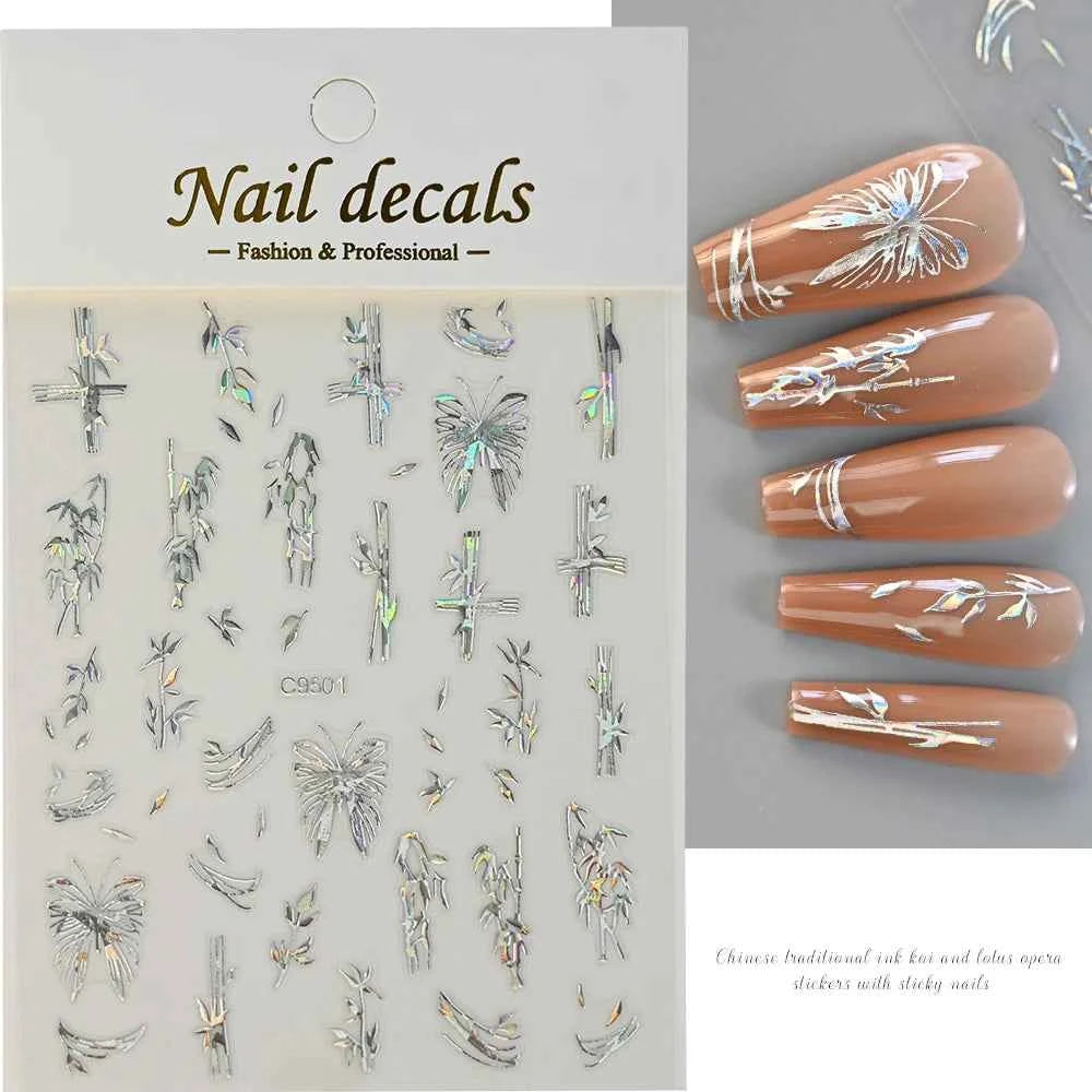 1pcs 3D White Hibiscus Flowers Nail Stickers Holographic Silver Gold Tropical Petal Slider For Nails French Manicure Decoration