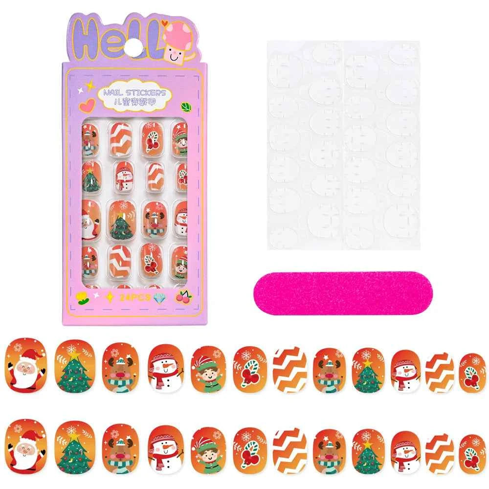 24pcs Princess Girls Christmas Press On Nails Candy Color Kawaii Christmas Tree Snowman False Nails New Year Children Fasle Nail