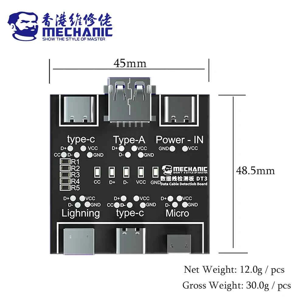 MECHANIC DT3 USB Cable Tester Data Cable Test PCB Board for IPhone Android USB Type-C Lightting Date Cable on-Off Detection