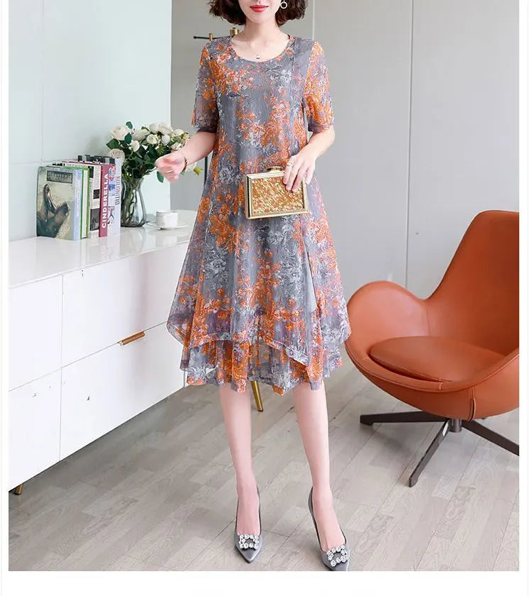 Fashion Casual Irregular Loose Midi Dress Female Clothing Commute Round Neck Summer Short Sleeve Gauze Patchwork A-Line Dresses