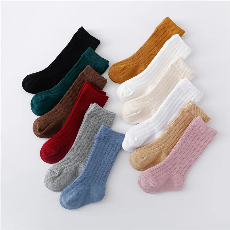 0-5Years Kids Boys Girls Socks Cotton Solid Striped Soft Baby Knee Long Children's Socks School Sport Baby Boy Sock 12 Color