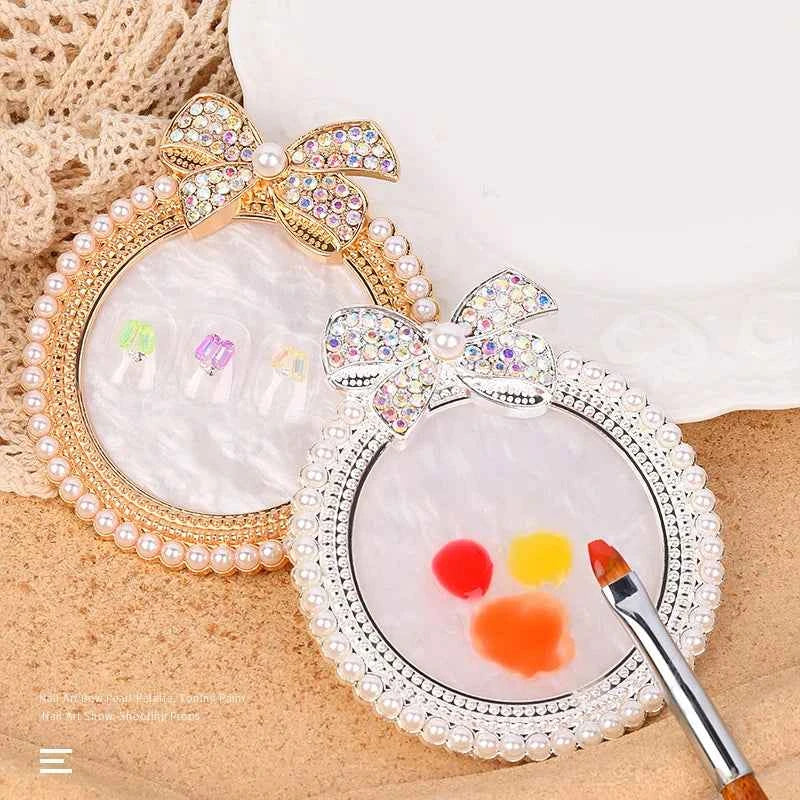 Agate Resin Nail Art Display Board with Sparkling Rhinestones and Bow, Nail Paint Gel Polish Palette