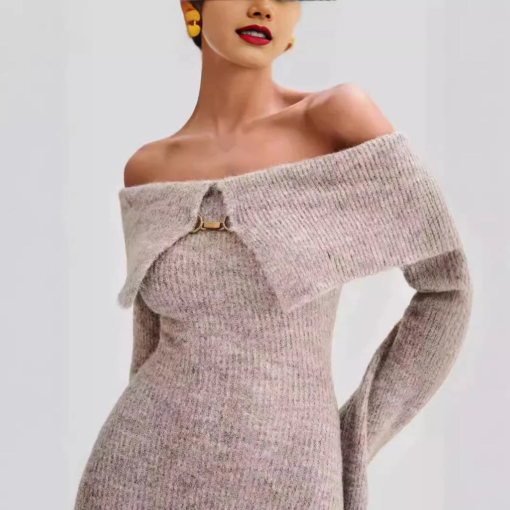 Luxury Fluffy Solid Knitted Off Shoulder Midi Dress Women 2024 Fall Winter Elegant Bodycon Flared Long Sleeve Sweater Long Dress