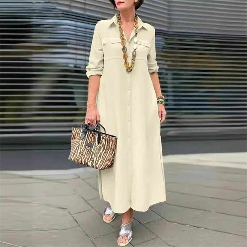 Women Spring Autumn Long Sleeve Lapel Single-breasted Cardigan Dress Double Pocket Splicing Dresses Elegant Female Commuter Gown