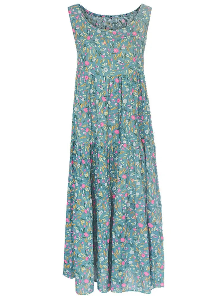 Women's Floral Boho Midi Dress – Loose Sleeveless Summer Dress