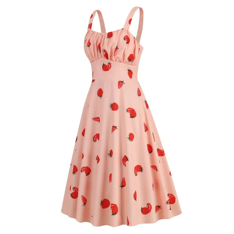 Vintage Charm Summer Midi Dress - Cute Print, Ruched Bust, High Waist for Effortless Beach Style