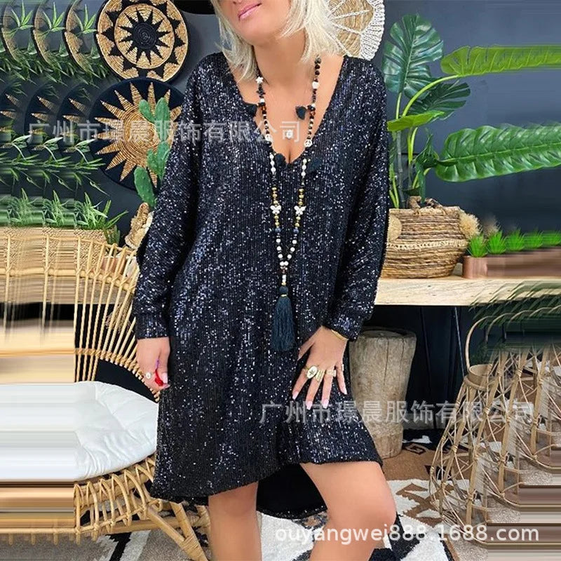Trendy Solid Color Sequin Dresses Women V-neck Long Sleeve Loose Irregular Mini Dress Lady Commuting Vestidos Spring Autumn New