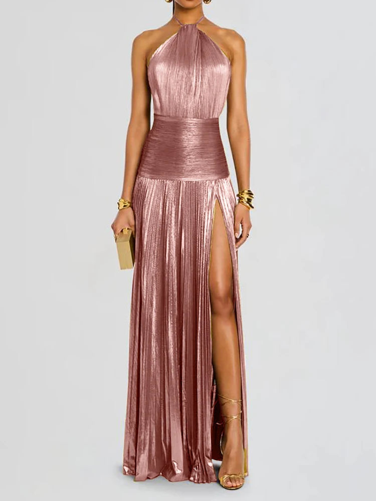 Chic Women's Backless Maxi Dress - Sleeveless Halter Patchwork Elegance for Summer Parties