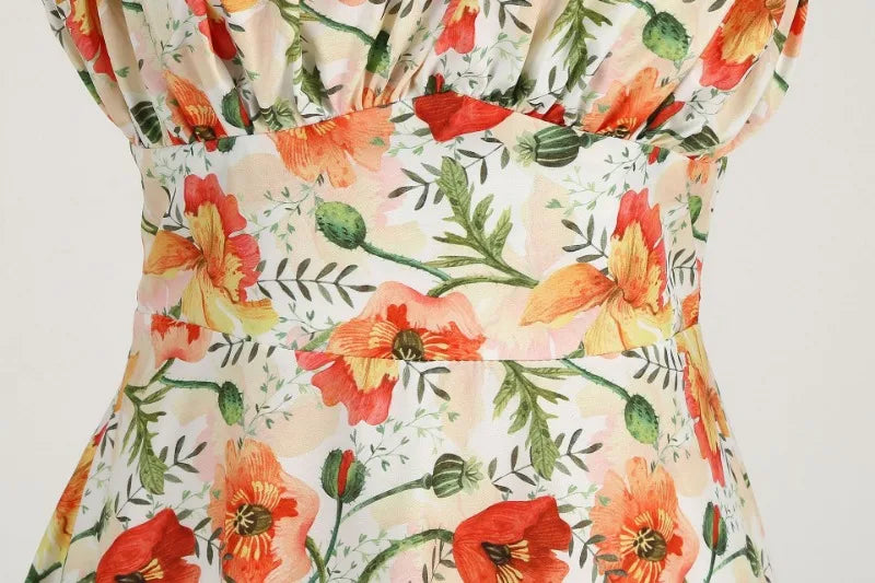 Vintage Charm Summer Midi Dress - Cute Print, Ruched Bust, High Waist for Effortless Beach Style