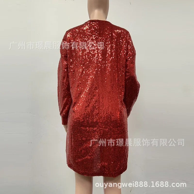 Trendy Solid Color Sequin Dresses Women V-neck Long Sleeve Loose Irregular Mini Dress Lady Commuting Vestidos Spring Autumn New