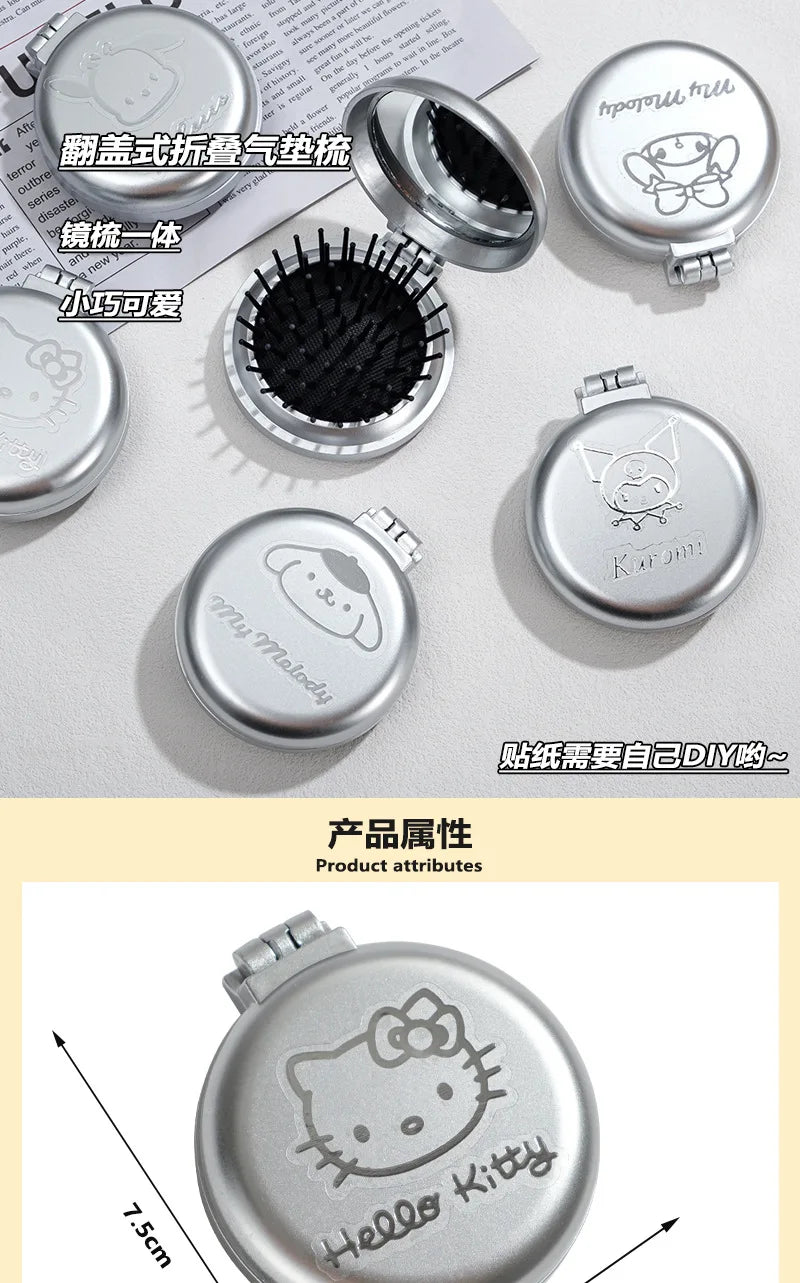 Sanrio Anime Hello Kitty Melody Kuromi Portable Folding Hair Comb with Mirror Cute Makeup Tools Cushion Massage Comb