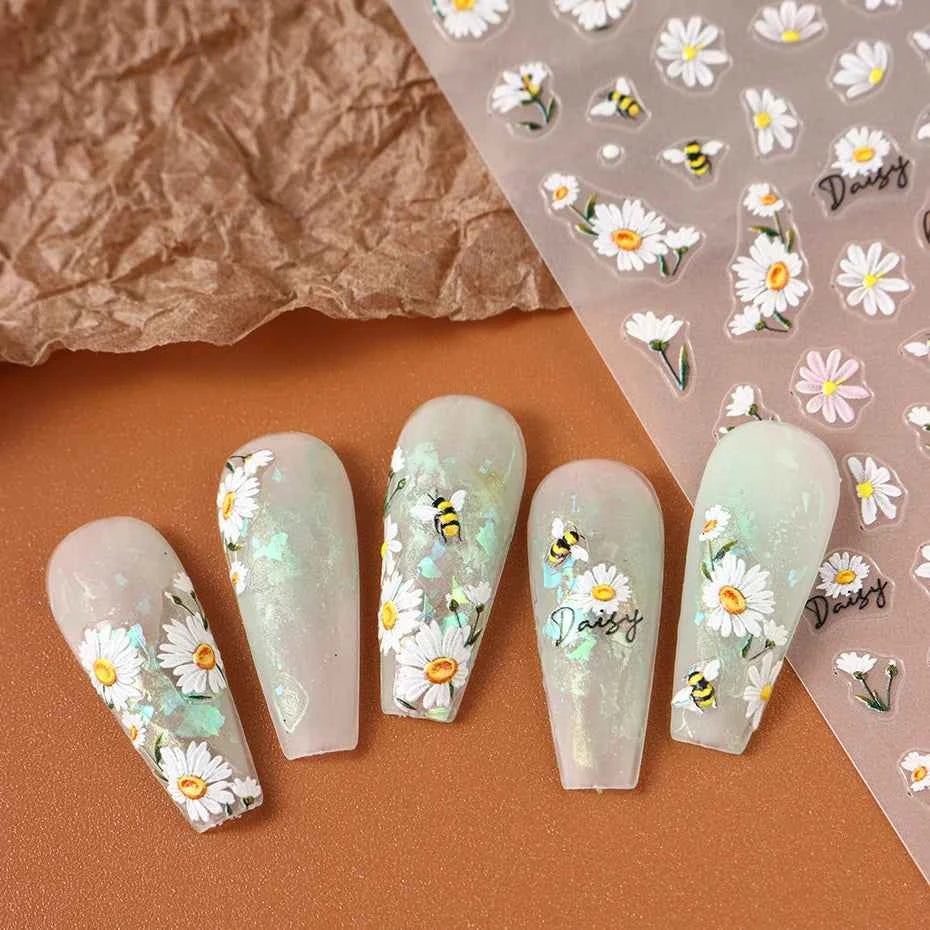 Daisy Dreams Nail Stickers - 5D White Flower & Bee Design, Self-Adhesive Acrylic Decals for DIY Manicure Magic