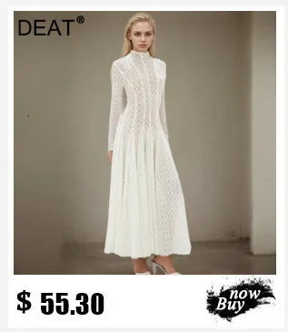 DEAT Women's Slim Dress with Diamond Folds & Zipper - Sleeveless Round Collar Summer Style
