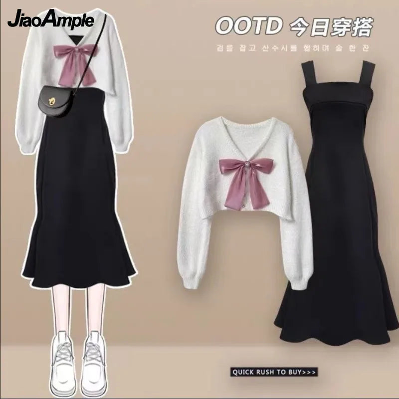 Elegant Korean Chic Two-Piece Dress Set: Short Sweater & Suspended Skirt for Spring & Autumn
