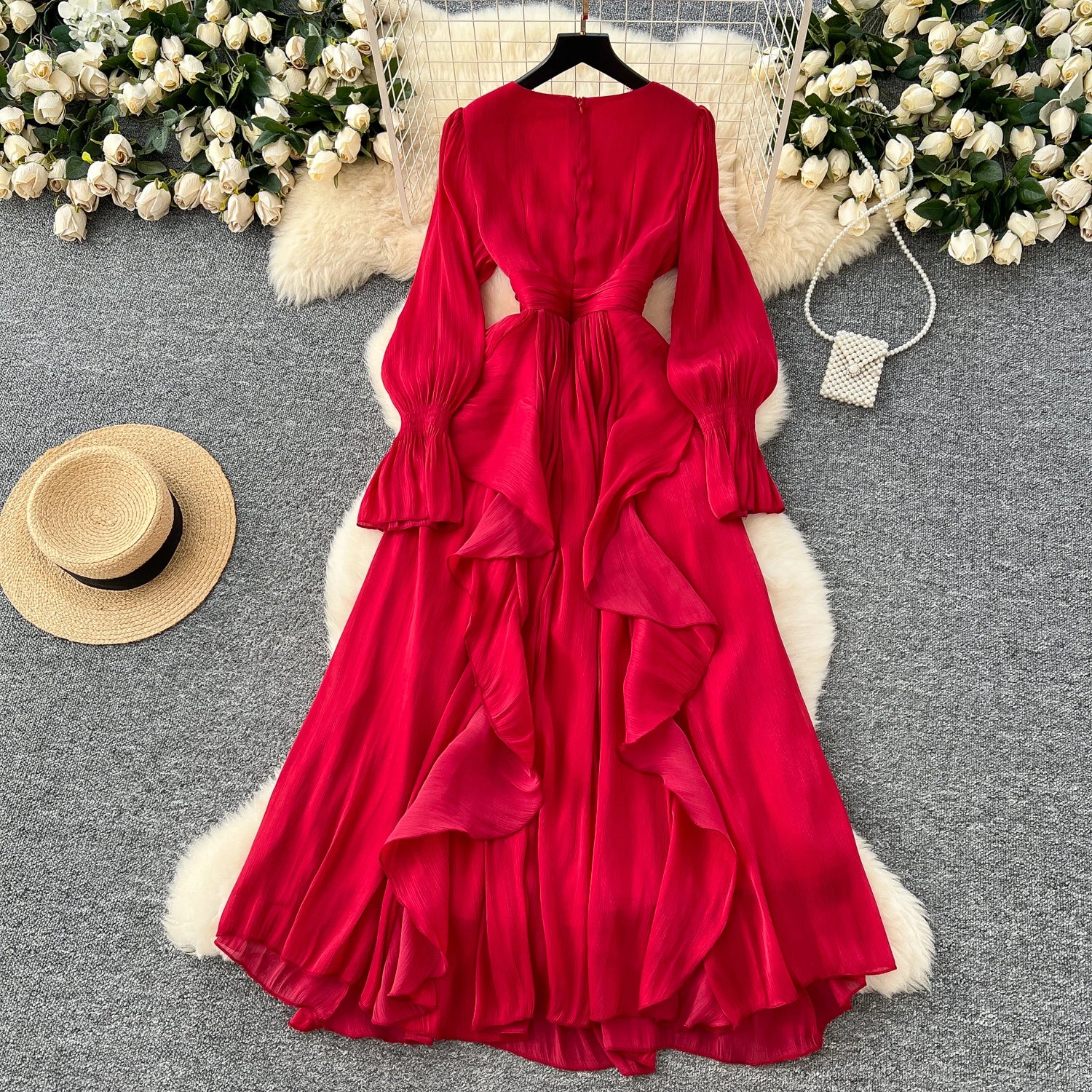 Spring Autumn Women Party Long Dress Elegant Female Red/Purple/Beige/Black Diamonds Patchwork Ruffle A-Line Maxi Vestidos New