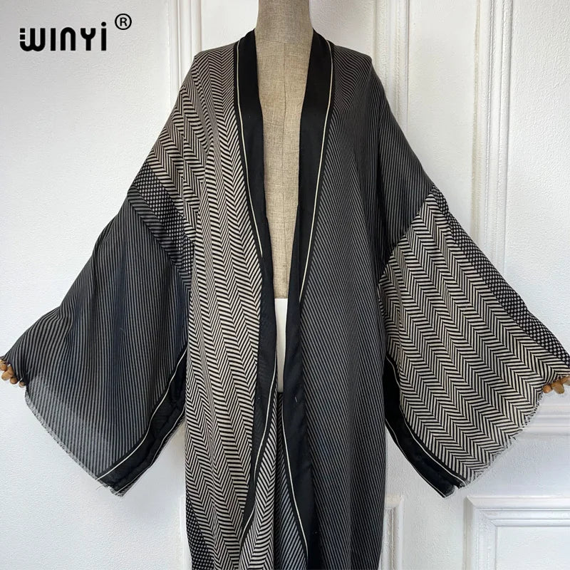 WINYI Africa fashion summer kimono maxi dress cover up beach women Cardigan boho sexy coat Geometric print kaftan beach outfits