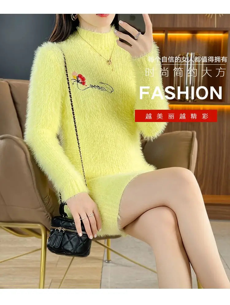 Imitation Mink Fleece Autumn Winter New Plush Slim Sweater Dress Solid Half High Neck Mid Length Embroidered Knit Bottom Dresses