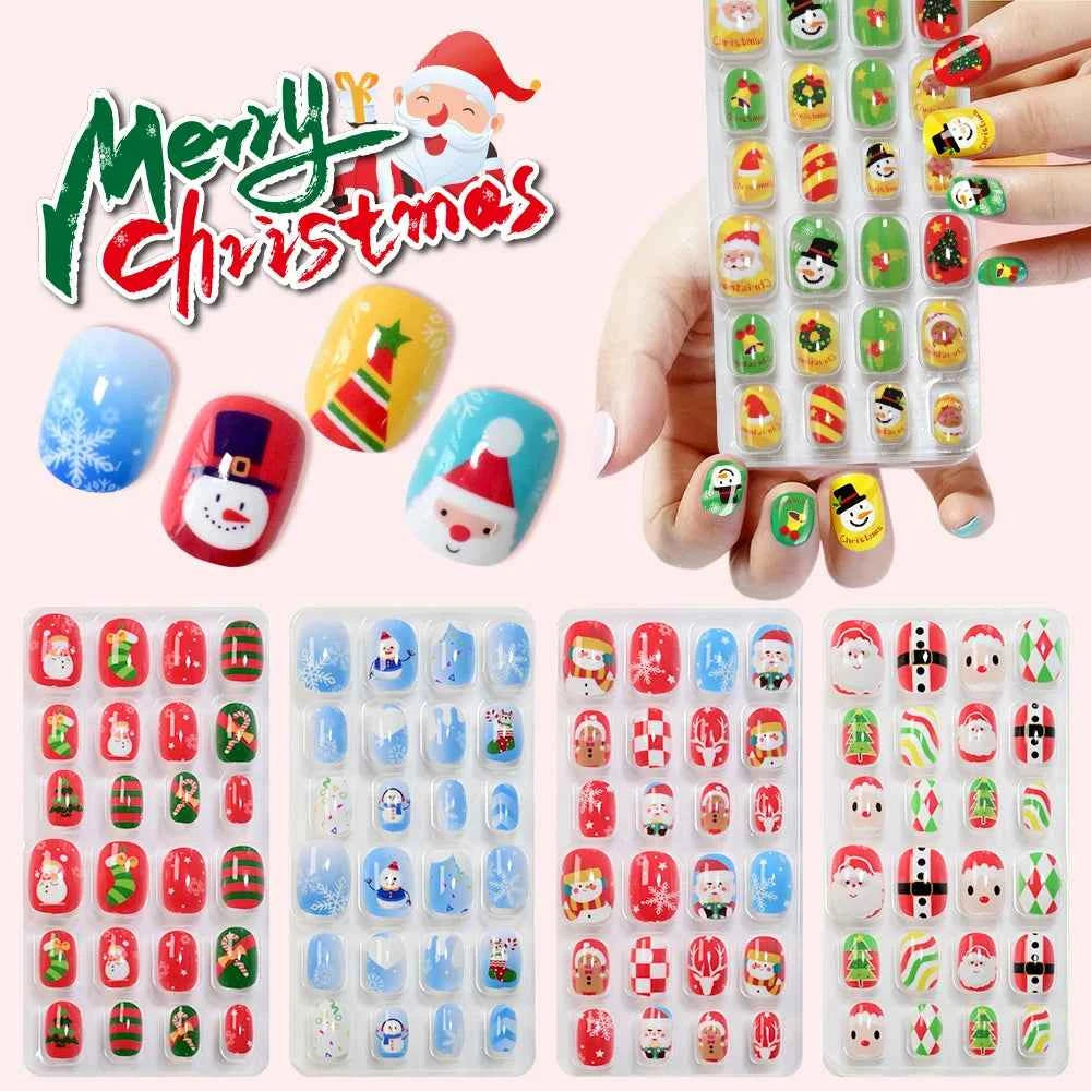 24pcs Princess Girls Christmas Press On Nails Candy Color Kawaii Christmas Tree Snowman False Nails New Year Children Fasle Nail