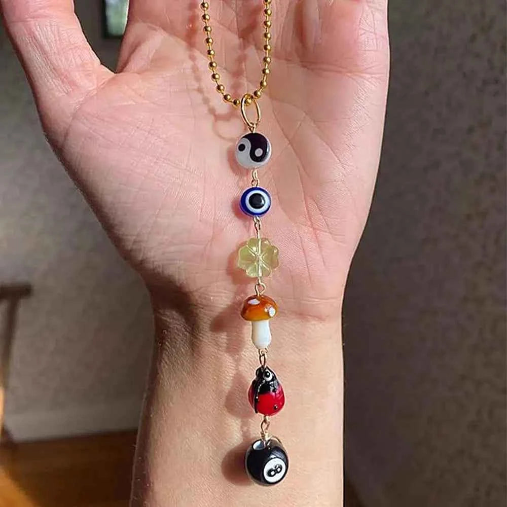 Devil's Eye Clover Mirror Pendant - Boho-Chic Demon Eye Charm for Lucky Rear View Car Accessory