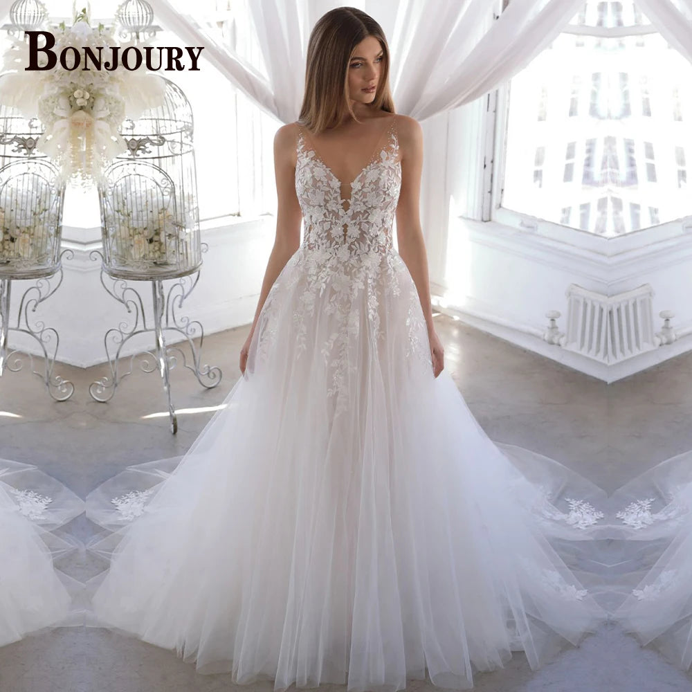 BONJOURY V-neck Satin Wedding Dress with Pockets & Chapel Train for Confident Brides