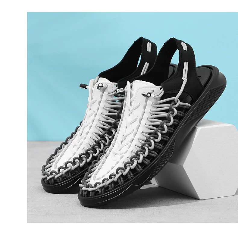 2023 Summer Men's  Sandals Lace Up Hand Woven Sandals Thick Soled Soft Non Slip Casual Shoes High Quality Couple Beach Shoes