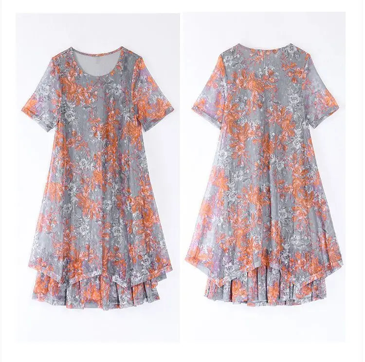 Fashion Casual Irregular Loose Midi Dress Female Clothing Commute Round Neck Summer Short Sleeve Gauze Patchwork A-Line Dresses
