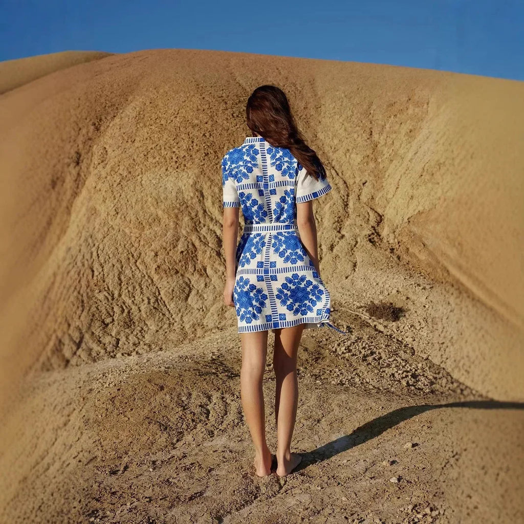 Fashionable Printed Belted Casual Women's Dress Summer Style Cross-Border Clothing Elegant Simple Design Maxi Length Gown
