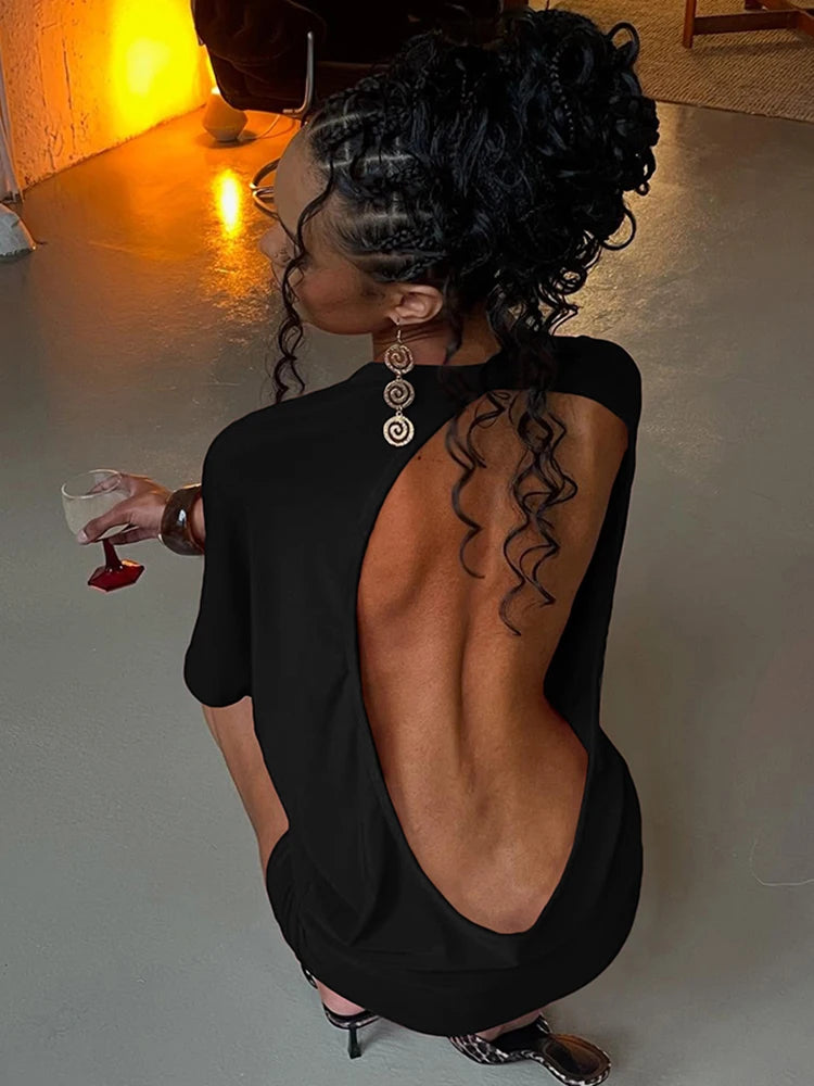 Whatiwear Y2K Solid Style Mini Dress Women o-Neck Half Sleeve Sexy Backless Spicy Girls Street Fashion Skinny Stretch Outfits