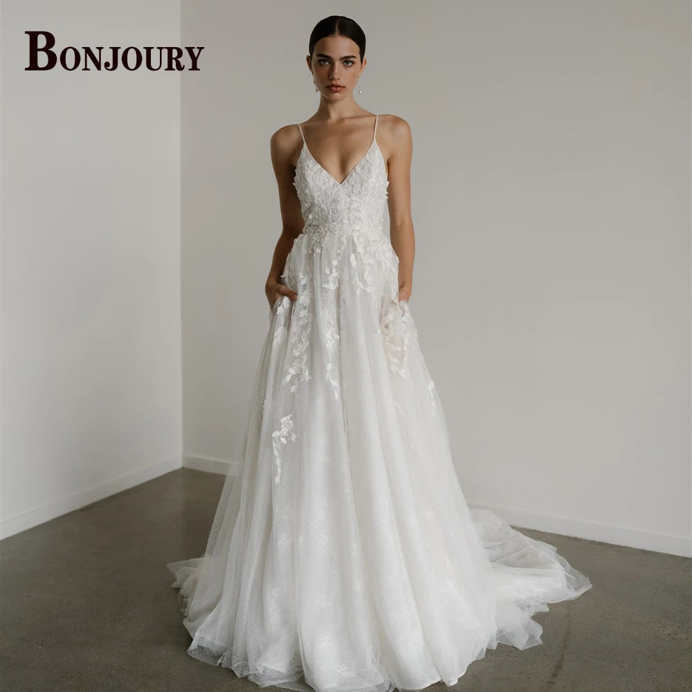 BONJOURY V-neck Satin Wedding Dress with Pockets & Chapel Train for Confident Brides