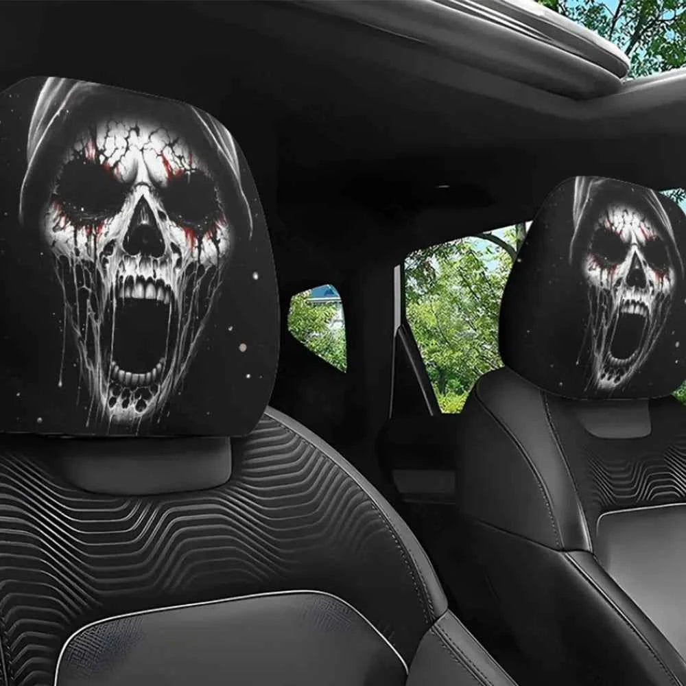 2Pcs Universal Car Seat Cover Black Skull Pattern Breathable Headrest Cover Dust-proof Elastic Car Seat Headrest Interior Decor