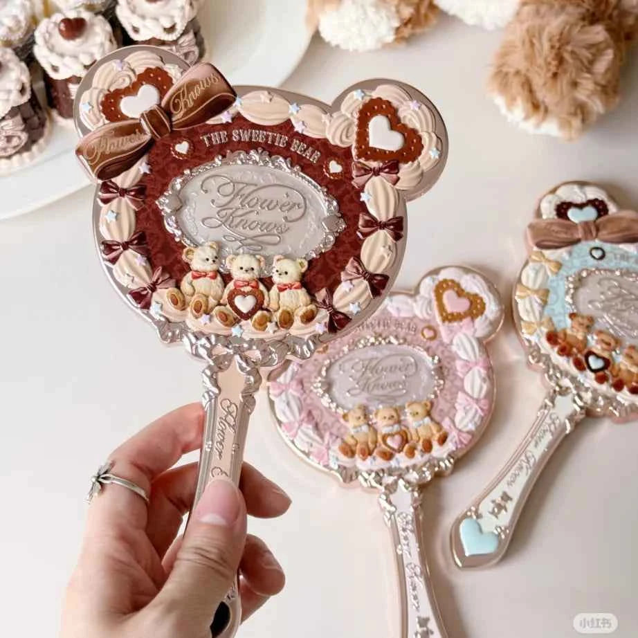Flower Knows Sweetie Bear Collection Hand Holding Mirror 3 Types Exquisite Relief Makeup Tools Cute HD Makeup Mirror
