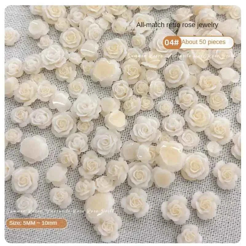 Rose Charm Nail Jewelry - Vintage Resin Camellia with Diamond Accents - Mixed Sizes for Stunning Nail Art