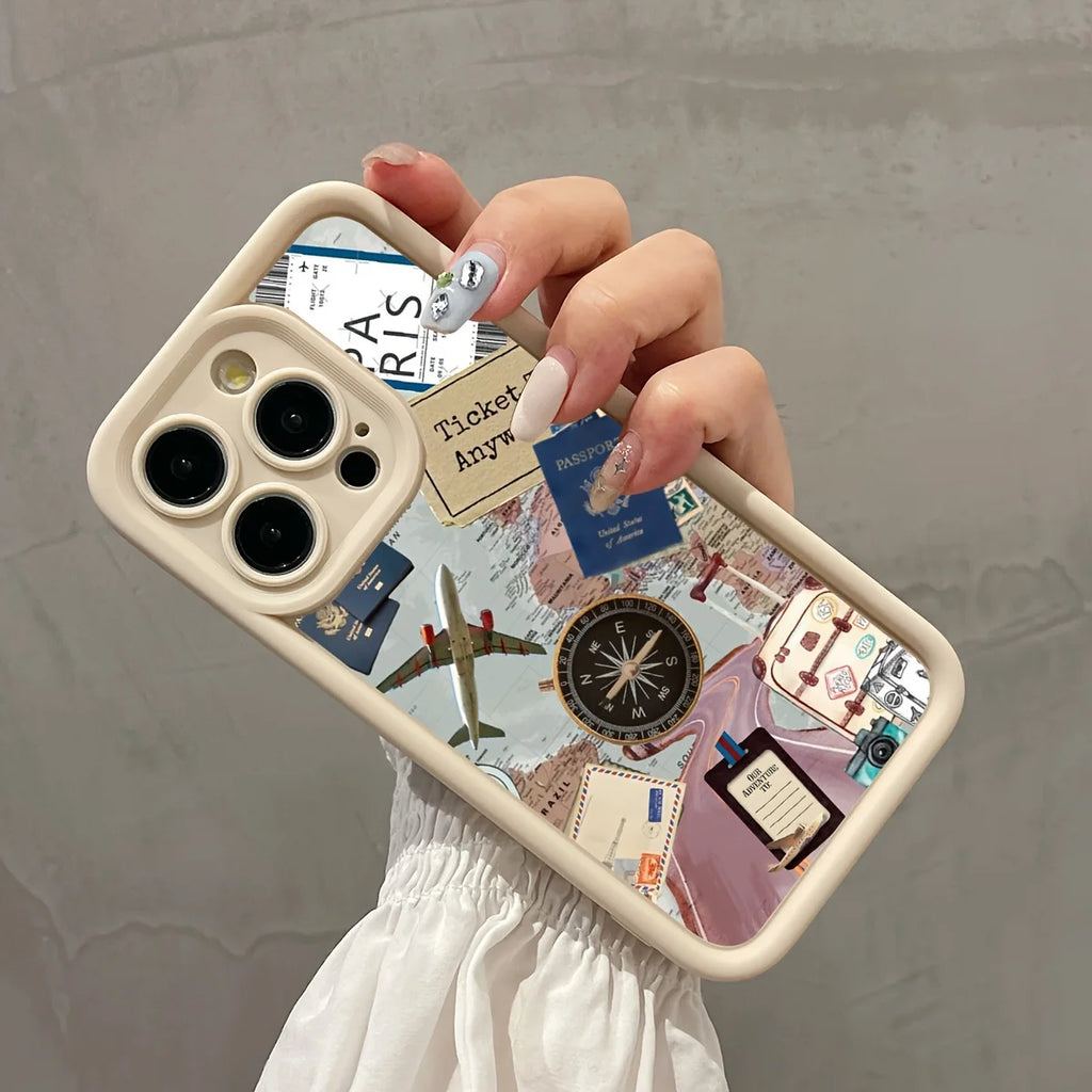 Airplane Map Plain Case for iPhone 16 E 15 14 13 12 Mini 11 Pro Max XS X 8 7 Plus SE Liquid Soft Silicone Shockproof Back Cover