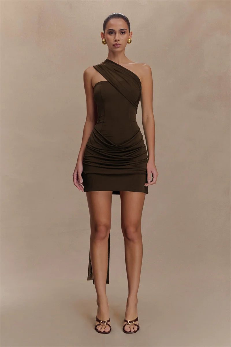 Mozision One Shoulder Backless Sexy Mini Dress Women Fashion Off-shoulder Sleeveless Backless Draped Ruched Bodycon Club Dress