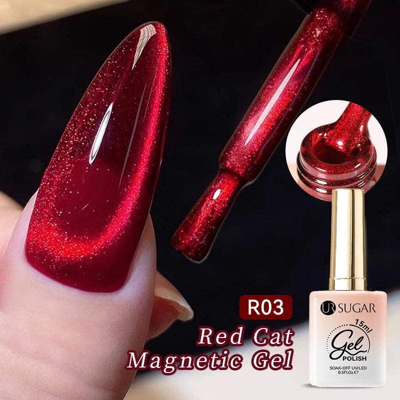 UR SUGAR 15ml  Autumn Winter Red Cat Magnetic Gel Nail Polish White Dopamine Nail Sparkling Glitter Soak Off UV LED for Manicure