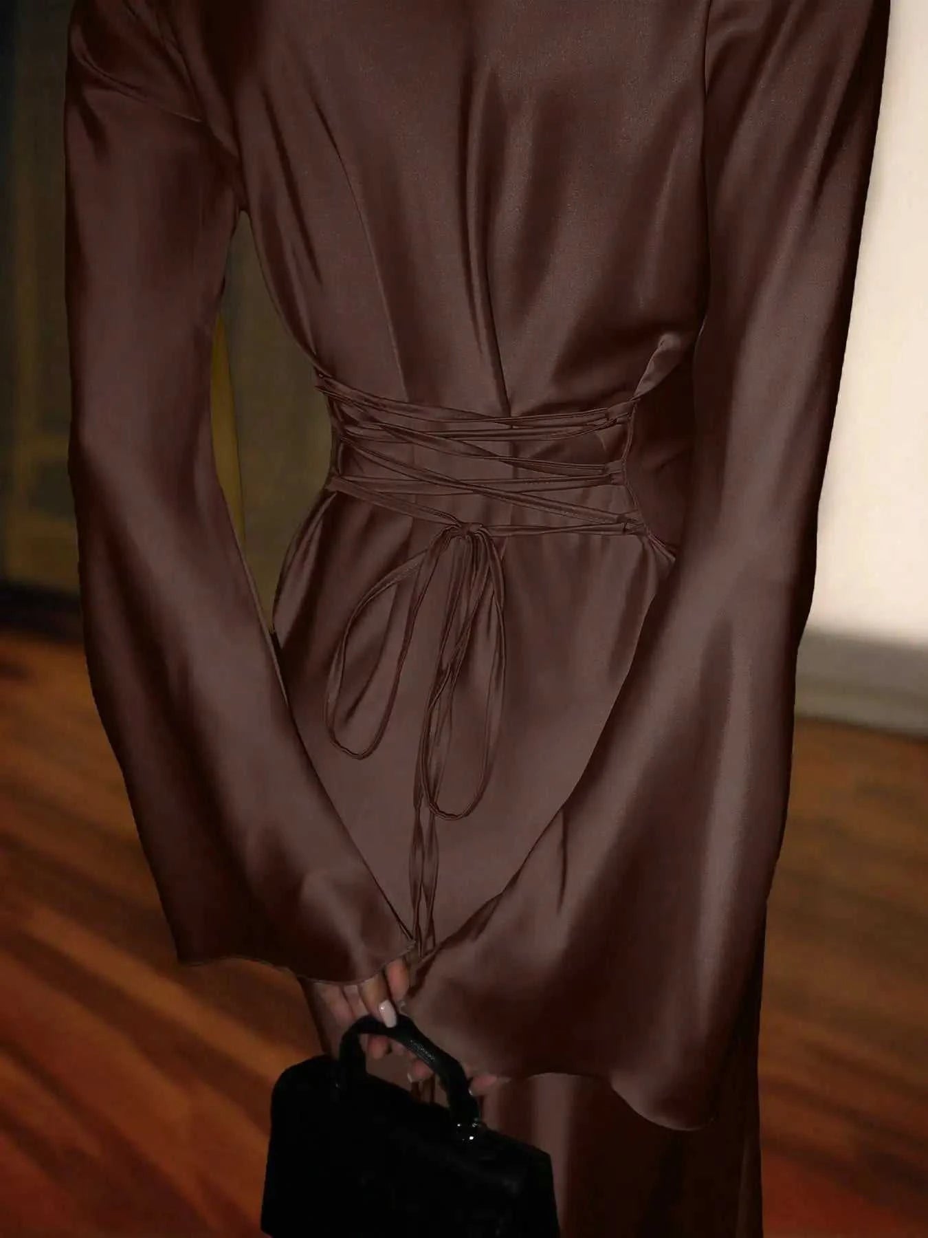 Women's Satin Maxi Dress – Corset Waist Tie, O-Neck & Flared Sleeves | Bohemian Evening Dress The jack market .AU The jack market .AU Woman Fashion Dress $ 70 14:1052;5:4182