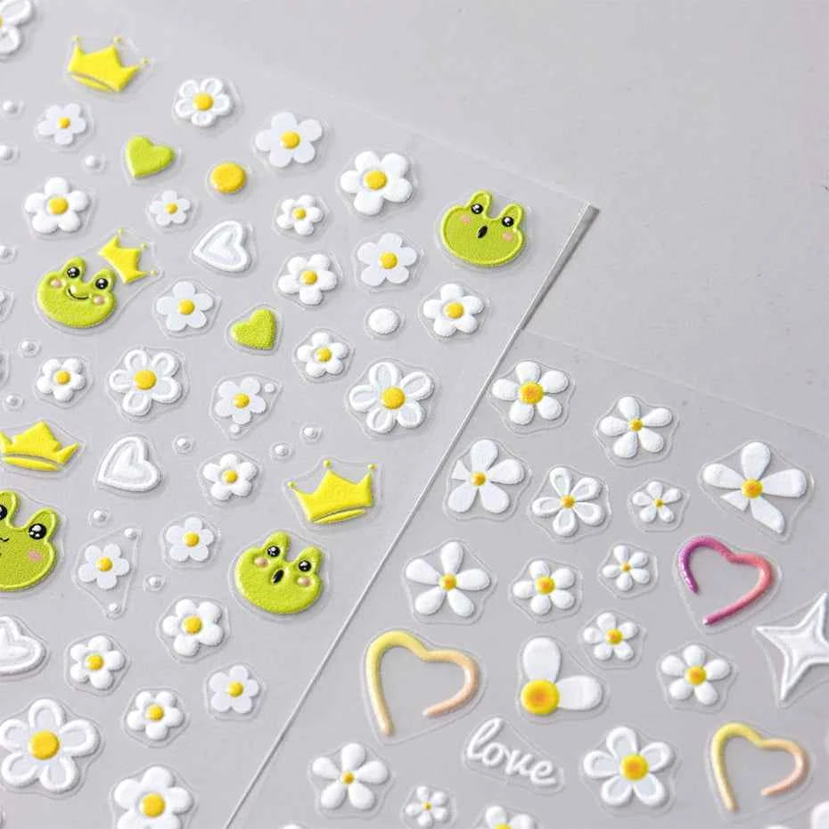 Daisy Dreams Nail Stickers - 5D White Flower & Bee Design, Self-Adhesive Acrylic Decals for DIY Manicure Magic