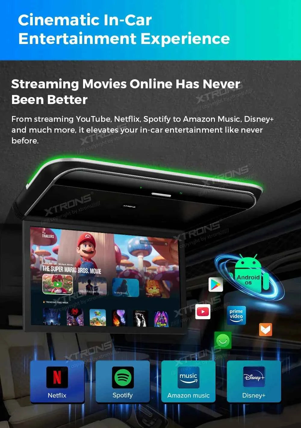 XTRONS 19.5" Android Car Roof Monitor TV Octa-core 8K IPS Car Screen Adjustable Angle to 170° with Screen Mirroring USB HDR RCA