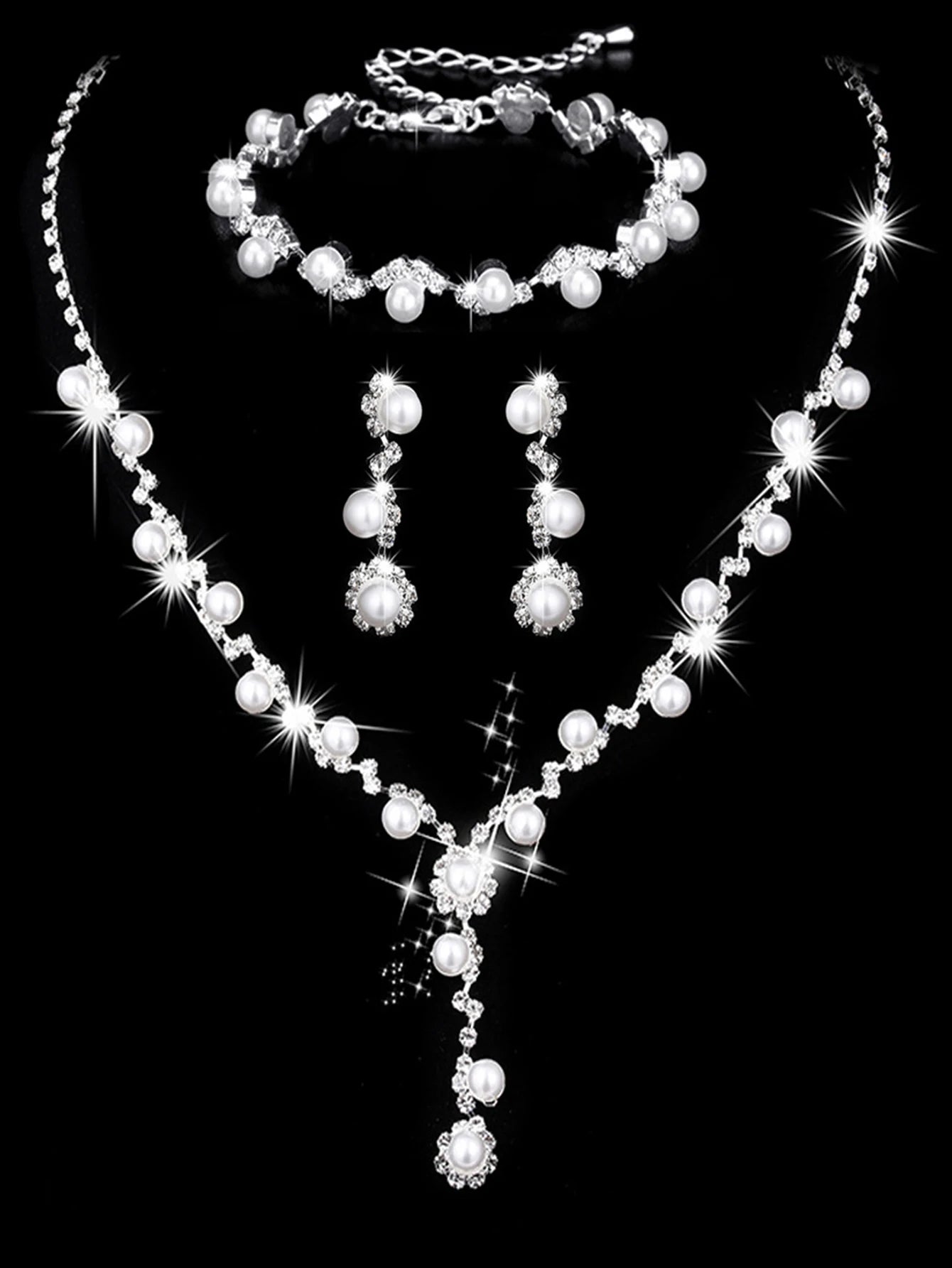 4 pcs bridal jewelry set, rhinestone pearl necklace, earrings, bracelets, dinner dress accessories