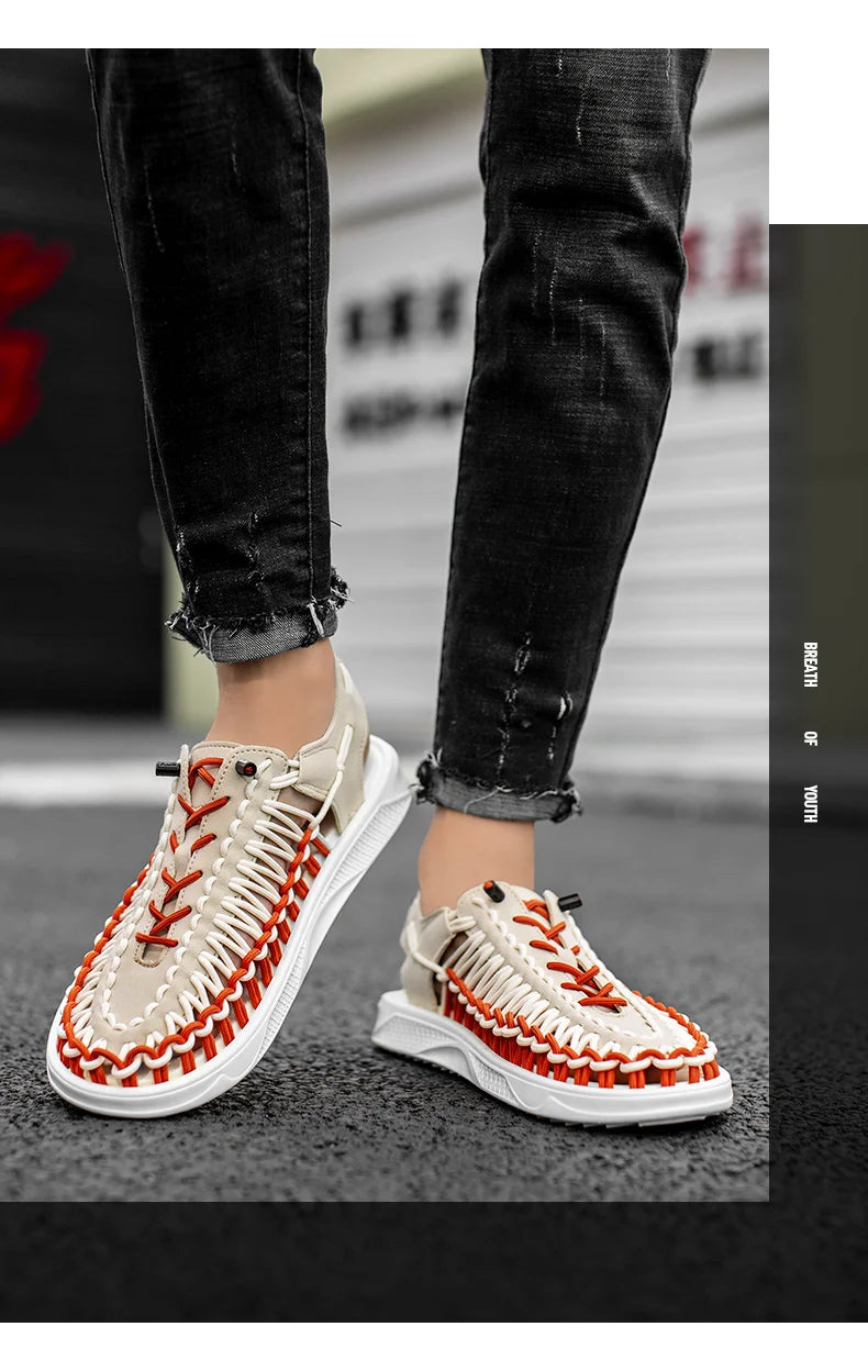 2023 Summer Men's  Sandals Lace Up Hand Woven Sandals Thick Soled Soft Non Slip Casual Shoes High Quality Couple Beach Shoes