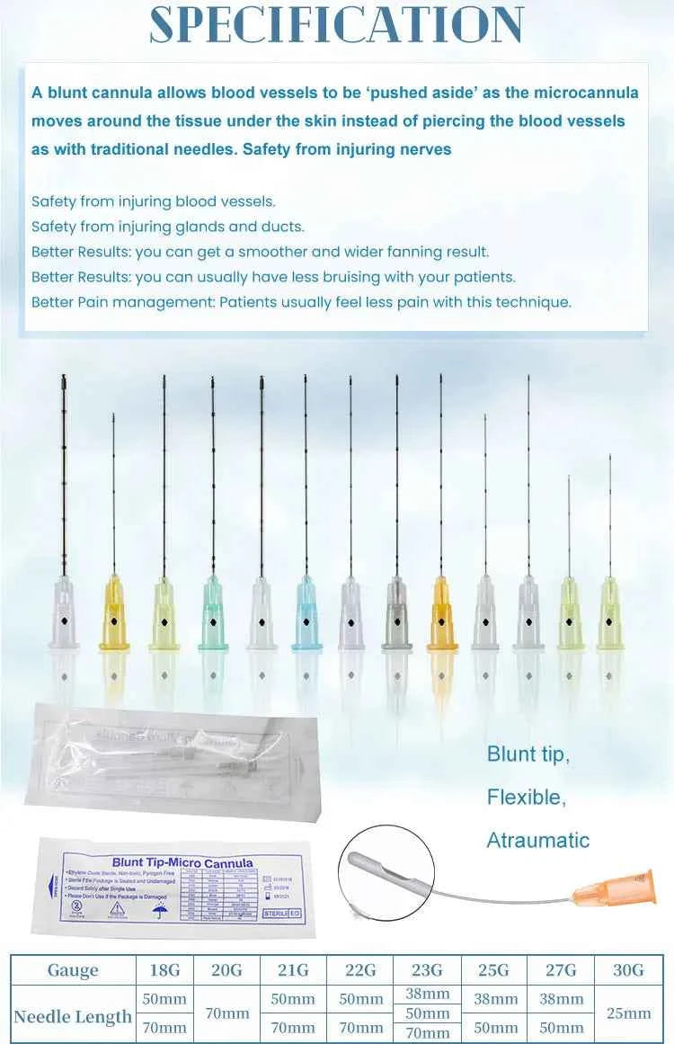 50pcs Micro Tip Blunt Cannula for Filler 18G 20G 21G 22G 23G 25G 27G 30G Disposable Sterile Nose/Lip Micro Cannula
