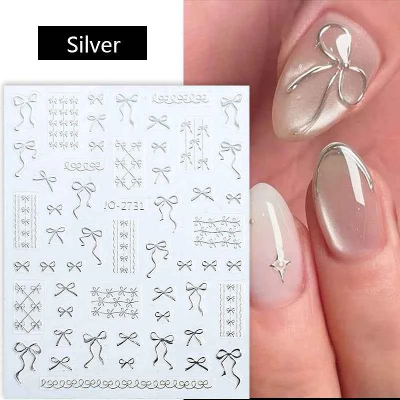 Brand Name Bowknot Nail Art Stickers - Vintage Self-Adhesive Decals in White, Pink & Black for Cute Manicures
