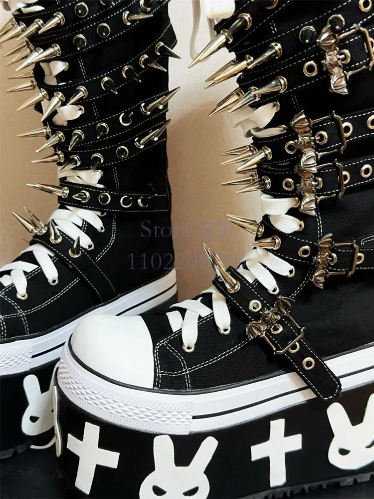 Cross Rivet Knee-high Boots Punk Round Toe y2k Platform Devil Angel Canvas Shoes Lace-up Women's Motorcycle Boots 2025 Halloween