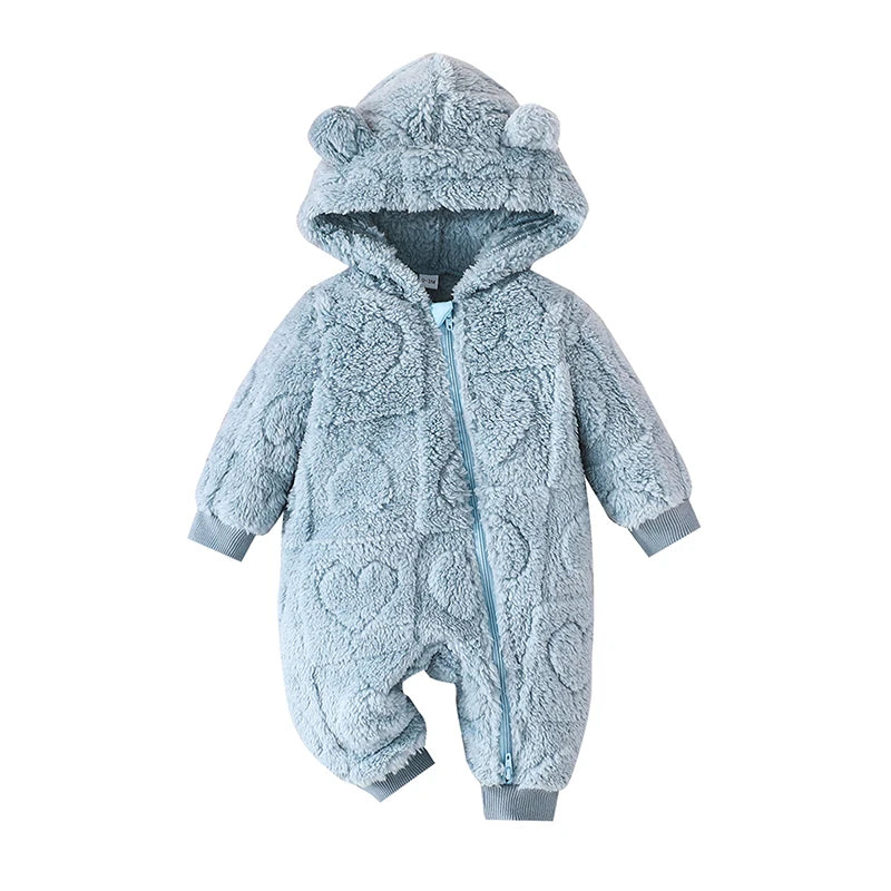 Pudcoco Baby Girls Winter Romper Solid Color Plush Hooded Long Sleeve Jumpsuits for Newborn Infant Toddler Fashion Clothes