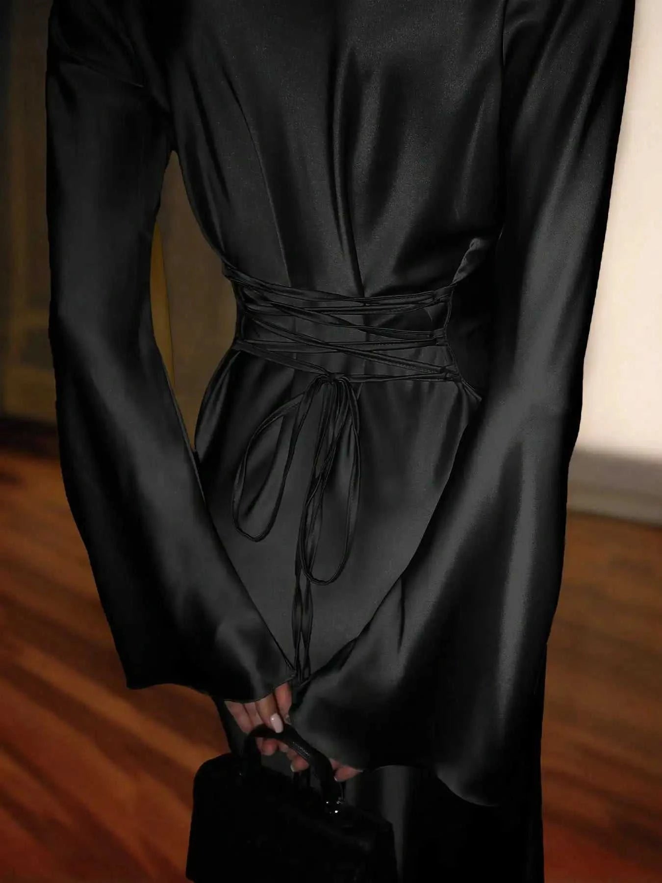 Women's Satin Maxi Dress – Corset Waist Tie, O-Neck & Flared Sleeves | Bohemian Evening Dress The jack market .AU The jack market .AU Woman Fashion Dress $ 70 14:1052;5:4182
