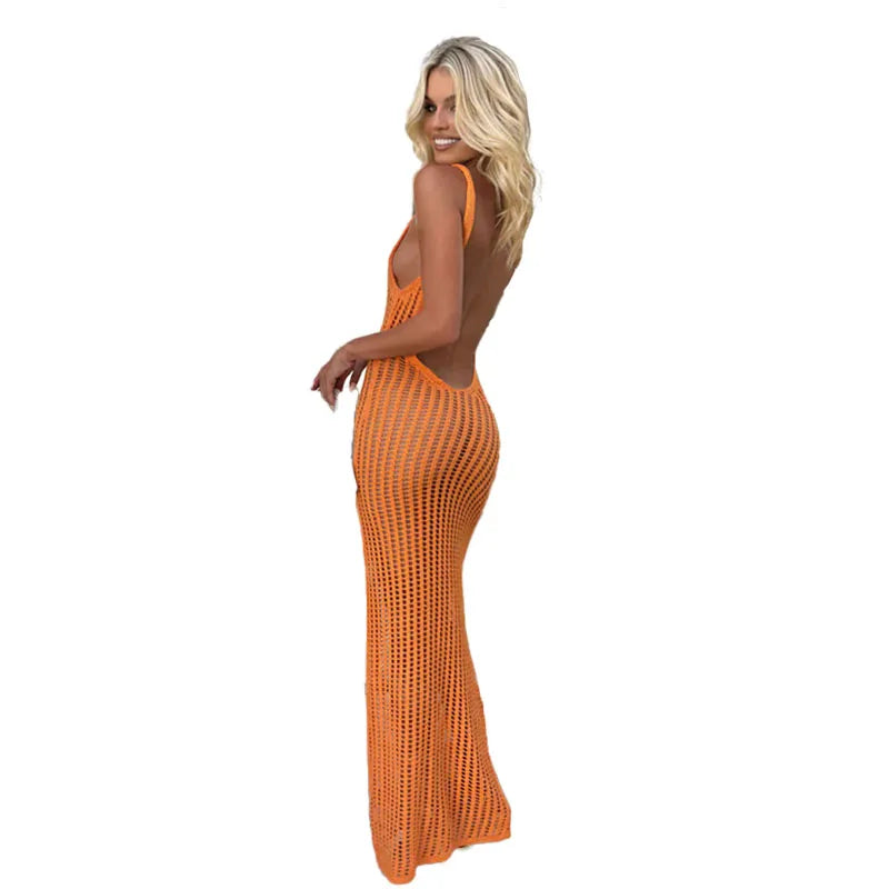 Maxi Dress Sexy Style Knitting Breathable Beachwear Cover Ups Hollow Leakage Waist Long Dress Holiday Sunscreen Camisole Dress