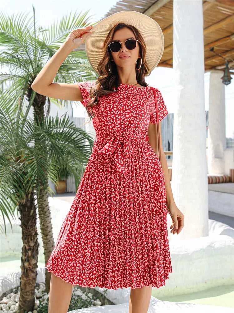 Msfilia Summer Print Pleated A Line Long Dress Women Short Sleeve High Waist Spring Round Neck Chic Dress with Belt The jack market .AU The jack market .AU Woman Fashion $ 88 14:200004870#Flower NavyBlue;5:100014065